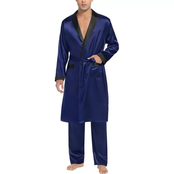 SWOMOG Mens Satin Robe with Pants Set Silky Kimono Bathrobe Lightweight Soft Sleepwear LoungewearNavy Blue