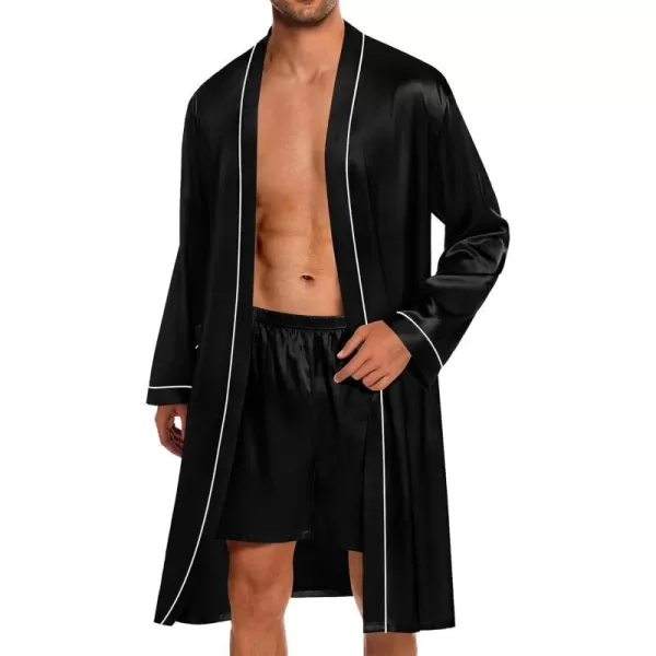 SWOMOG Mens Satin Robe with Shorts Set 2 PCS Kimono Bathrobe Long Sleeve Sleepwear Pjs Sets with PocketsBlack