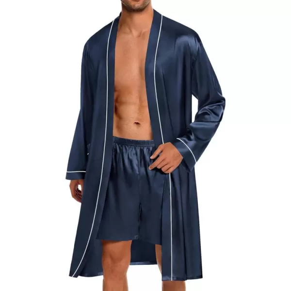 SWOMOG Mens Satin Robe with Shorts Set 2 PCS Kimono Bathrobe Long Sleeve Sleepwear Pjs Sets with PocketsDeep Grey