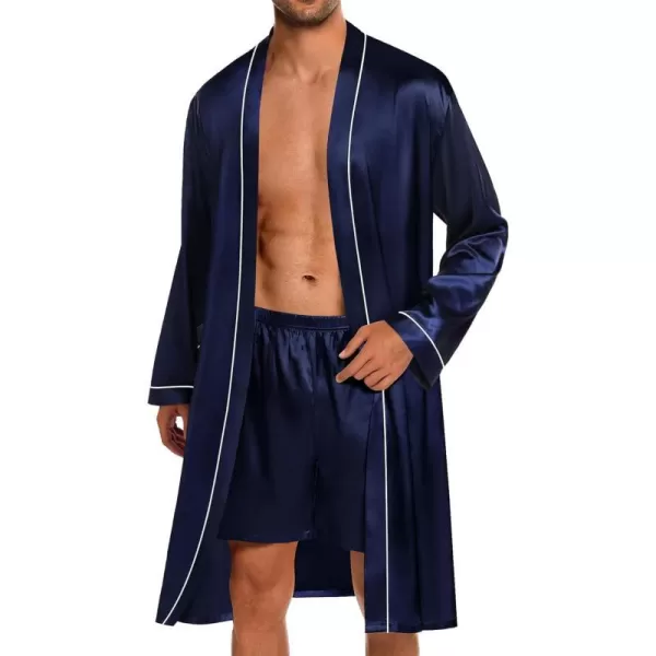 SWOMOG Mens Satin Robe with Shorts Set 2 PCS Kimono Bathrobe Long Sleeve Sleepwear Pjs Sets with PocketsDeep Navy Blue