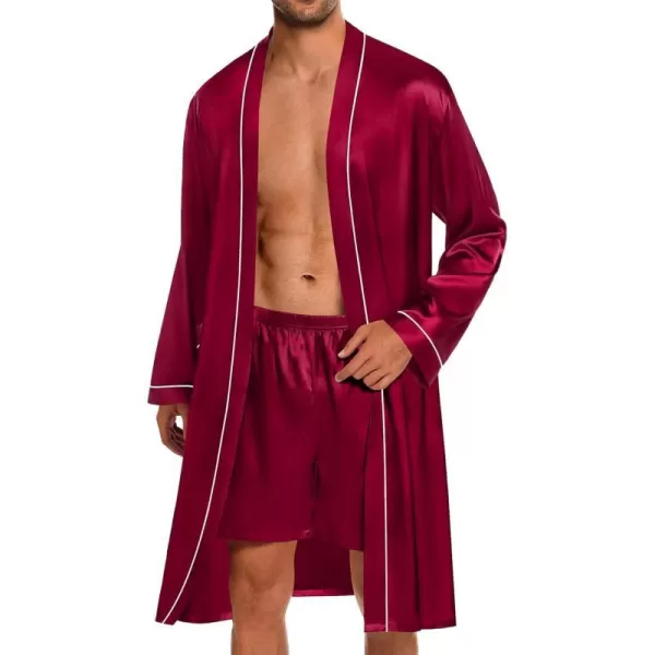 SWOMOG Mens Satin Robe with Shorts Set 2 PCS Kimono Bathrobe Long Sleeve Sleepwear Pjs Sets with PocketsDeep Wine Red