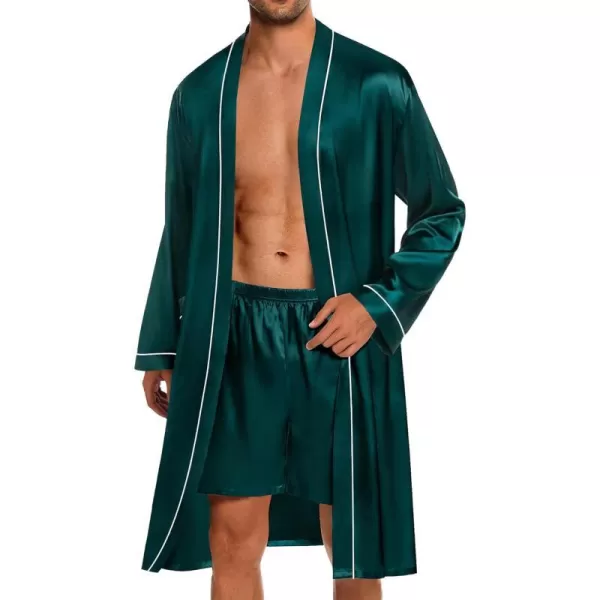 SWOMOG Mens Satin Robe with Shorts Set 2 PCS Kimono Bathrobe Long Sleeve Sleepwear Pjs Sets with PocketsGreen