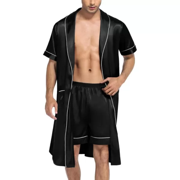 SWOMOG Mens Satin Robe with Shorts Set Silky Short Sleeve Kimono Bathrobe Lightweight Soft SleepwearBlack