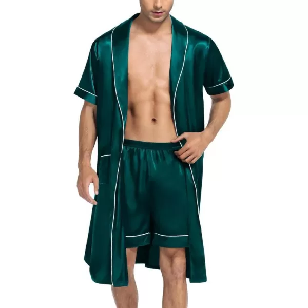 SWOMOG Mens Satin Robe with Shorts Set Silky Short Sleeve Kimono Bathrobe Lightweight Soft SleepwearDark Green