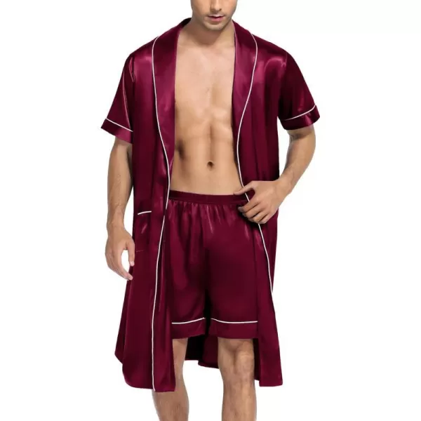 SWOMOG Mens Satin Robe with Shorts Set Silky Short Sleeve Kimono Bathrobe Lightweight Soft SleepwearDark Wine Red