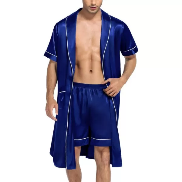 SWOMOG Mens Satin Robe with Shorts Set Silky Short Sleeve Kimono Bathrobe Lightweight Soft SleepwearNavy Blue