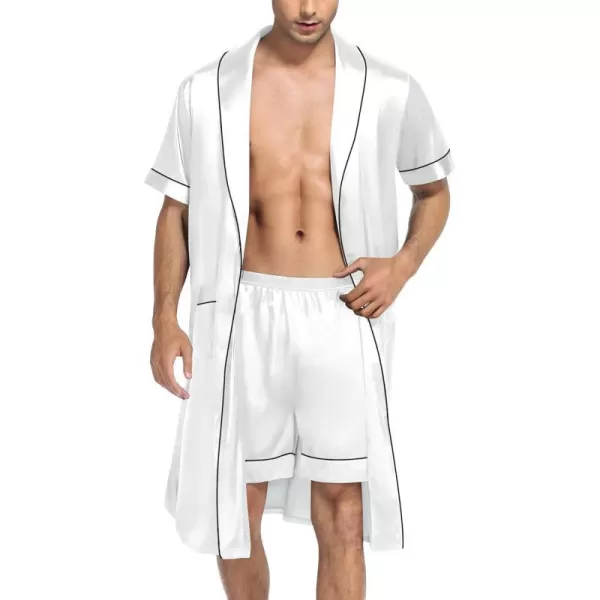 SWOMOG Mens Satin Robe with Shorts Set Silky Short Sleeve Kimono Bathrobe Lightweight Soft SleepwearWhite