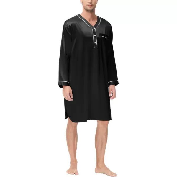 SWOMOG Mens Silk Satin Nightshirt Loose Henley Sleep Shirt Short amp Long Sleeve Pajamas Soft Big amp Tall Men NightwearBlack