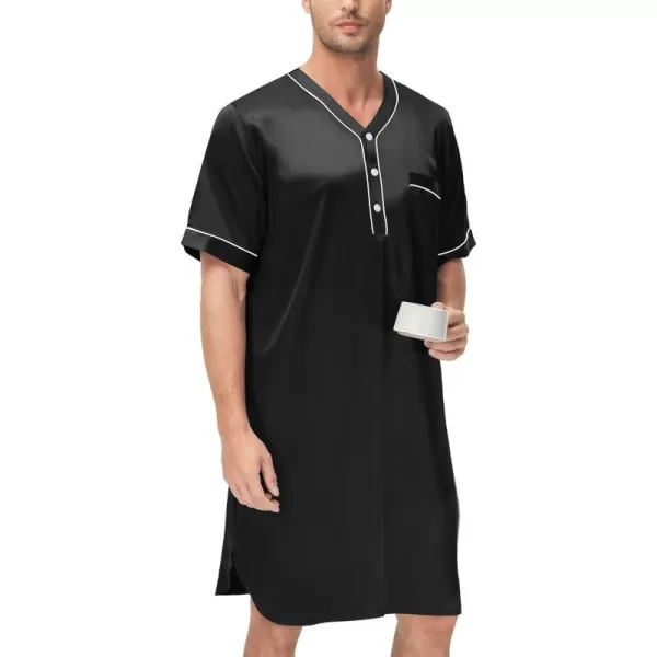 SWOMOG Mens Silk Satin Nightshirt Loose Henley Sleep Shirt Short amp Long Sleeve Pajamas Soft Big amp Tall Men NightwearBlackshort Sleeve