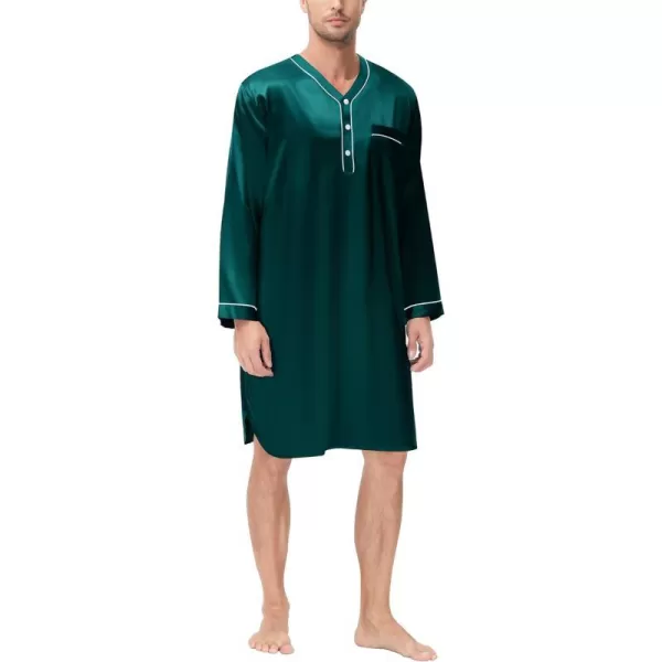 SWOMOG Mens Silk Satin Nightshirt Loose Henley Sleep Shirt Short amp Long Sleeve Pajamas Soft Big amp Tall Men NightwearDeep Green