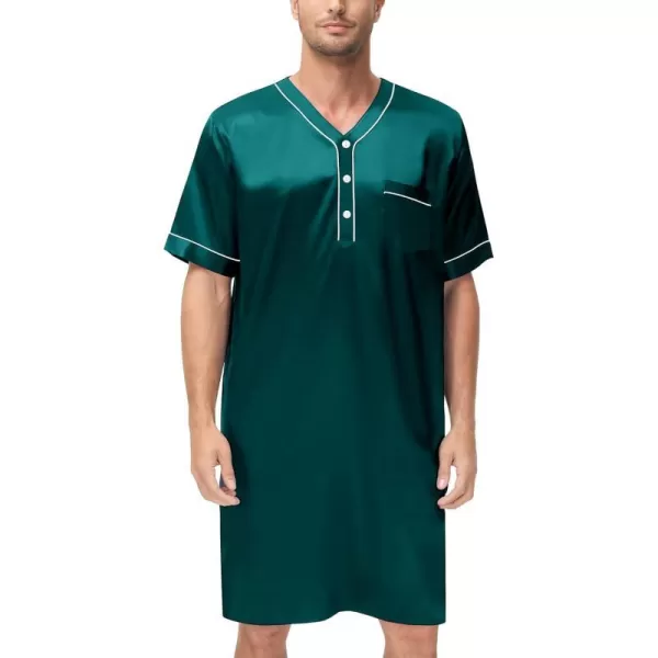 SWOMOG Mens Silk Satin Nightshirt Loose Henley Sleep Shirt Short amp Long Sleeve Pajamas Soft Big amp Tall Men NightwearDeep Greenshort Sleeve