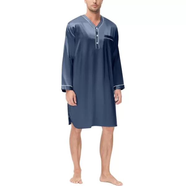 SWOMOG Mens Silk Satin Nightshirt Loose Henley Sleep Shirt Short amp Long Sleeve Pajamas Soft Big amp Tall Men NightwearDeep Grey