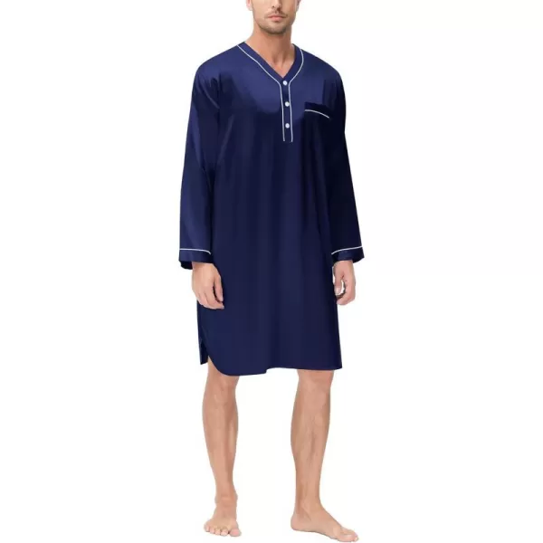 SWOMOG Mens Silk Satin Nightshirt Loose Henley Sleep Shirt Short amp Long Sleeve Pajamas Soft Big amp Tall Men NightwearDeep Navy Blue