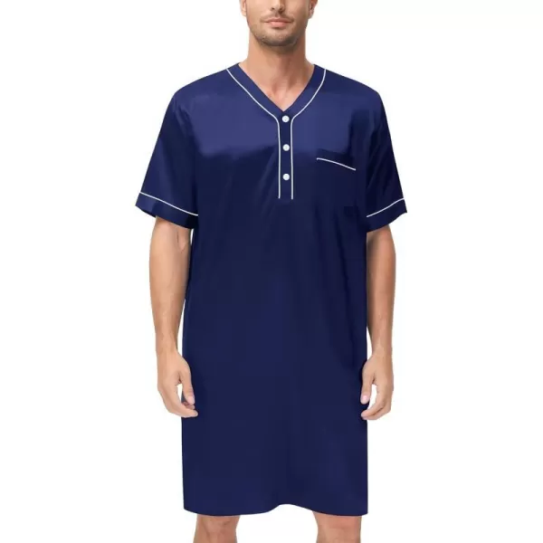 SWOMOG Mens Silk Satin Nightshirt Loose Henley Sleep Shirt Short amp Long Sleeve Pajamas Soft Big amp Tall Men NightwearDeep Navy Blueshort Sleeve