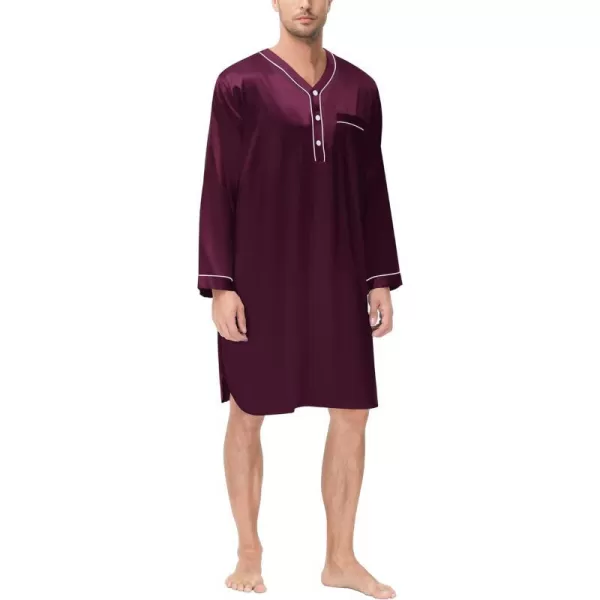 SWOMOG Mens Silk Satin Nightshirt Loose Henley Sleep Shirt Short amp Long Sleeve Pajamas Soft Big amp Tall Men NightwearDeep Wine Red