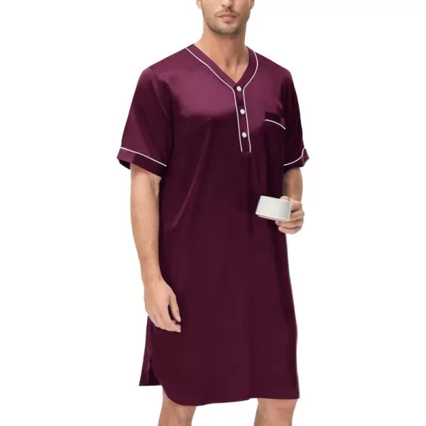 SWOMOG Mens Silk Satin Nightshirt Loose Henley Sleep Shirt Short amp Long Sleeve Pajamas Soft Big amp Tall Men NightwearDeep Wine Redshort Sleeve