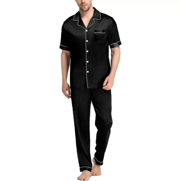 SWOMOG Mens Silk Satin Pajama Set Short Sleeve Classic Sleepwear Button Down Loungewear with Long PantsBlack