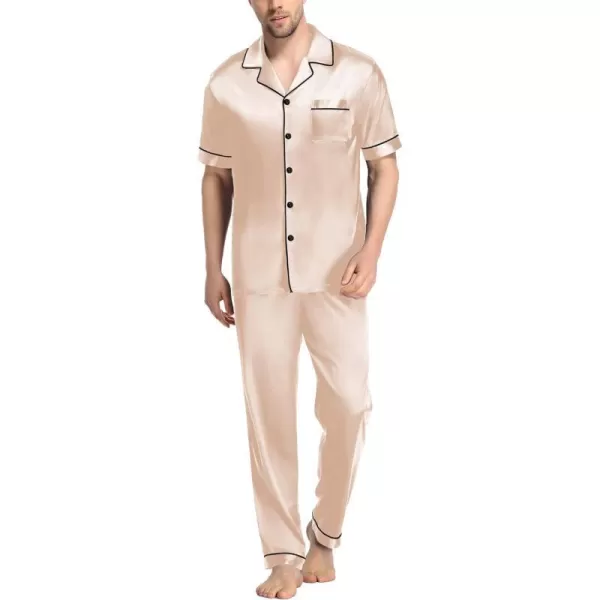 SWOMOG Mens Silk Satin Pajama Set Short Sleeve Classic Sleepwear Button Down Loungewear with Long PantsChampagne