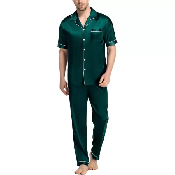 SWOMOG Mens Silk Satin Pajama Set Short Sleeve Classic Sleepwear Button Down Loungewear with Long PantsDark Forest Green