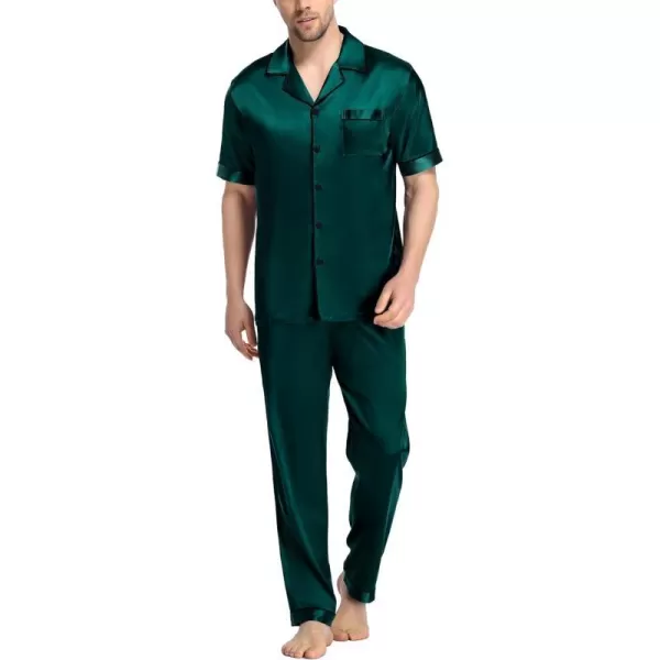 SWOMOG Mens Silk Satin Pajama Set Short Sleeve Classic Sleepwear Button Down Loungewear with Long PantsDeep Green