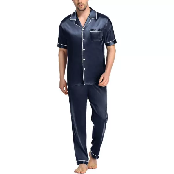 SWOMOG Mens Silk Satin Pajama Set Short Sleeve Classic Sleepwear Button Down Loungewear with Long PantsDeep Grey