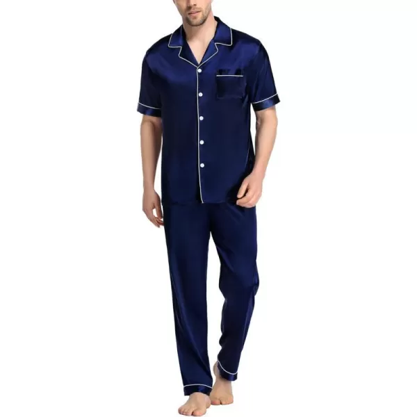 SWOMOG Mens Silk Satin Pajama Set Short Sleeve Classic Sleepwear Button Down Loungewear with Long PantsDeep Navy Blue