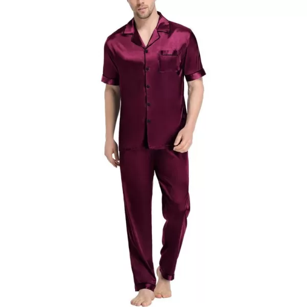 SWOMOG Mens Silk Satin Pajama Set Short Sleeve Classic Sleepwear Button Down Loungewear with Long PantsDeep Wine Red