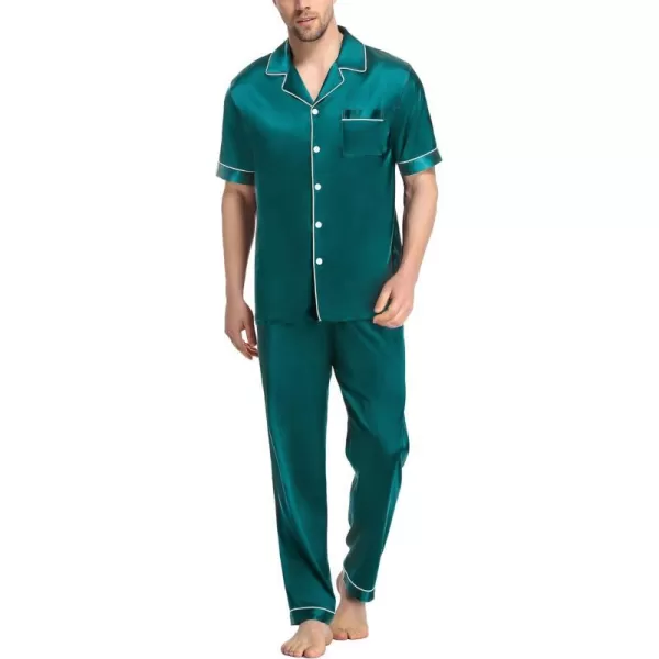 SWOMOG Mens Silk Satin Pajama Set Short Sleeve Classic Sleepwear Button Down Loungewear with Long PantsGreen