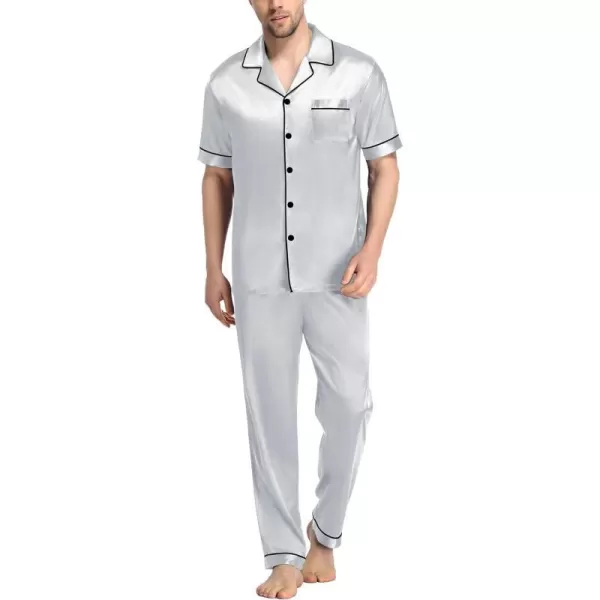 SWOMOG Mens Silk Satin Pajama Set Short Sleeve Classic Sleepwear Button Down Loungewear with Long PantsGrey