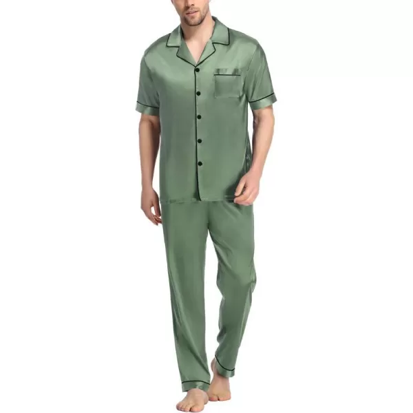 SWOMOG Mens Silk Satin Pajama Set Short Sleeve Classic Sleepwear Button Down Loungewear with Long PantsMatcha