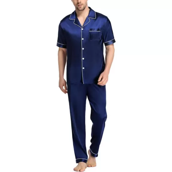 SWOMOG Mens Silk Satin Pajama Set Short Sleeve Classic Sleepwear Button Down Loungewear with Long PantsNavy Blue