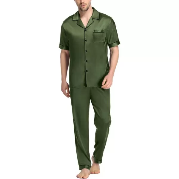 SWOMOG Mens Silk Satin Pajama Set Short Sleeve Classic Sleepwear Button Down Loungewear with Long PantsOlive Green