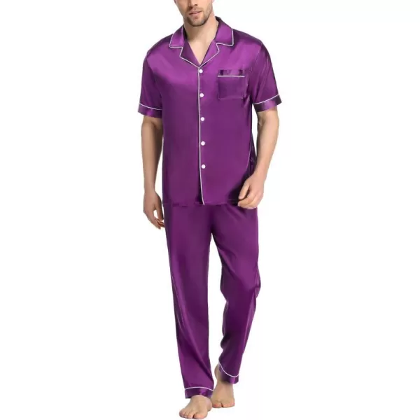 SWOMOG Mens Silk Satin Pajama Set Short Sleeve Classic Sleepwear Button Down Loungewear with Long PantsPurple