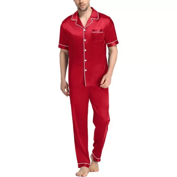 SWOMOG Mens Silk Satin Pajama Set Short Sleeve Classic Sleepwear Button Down Loungewear with Long PantsRed