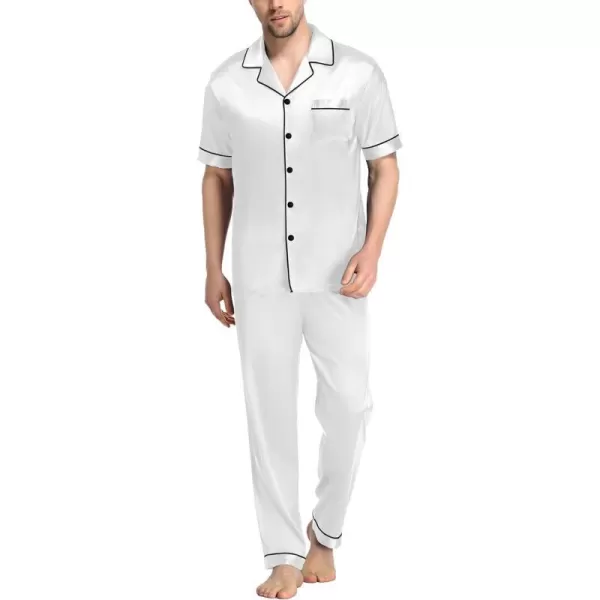 SWOMOG Mens Silk Satin Pajama Set Short Sleeve Classic Sleepwear Button Down Loungewear with Long PantsWhite