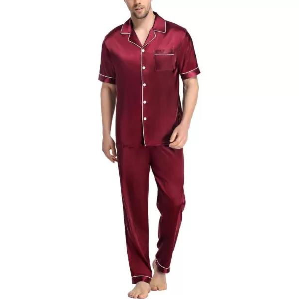 SWOMOG Mens Silk Satin Pajama Set Short Sleeve Classic Sleepwear Button Down Loungewear with Long PantsWine Red