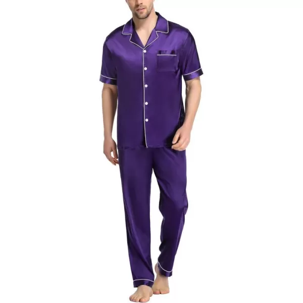 SWOMOG Mens Silk Satin Pajama Set Short Sleeve Classic Sleepwear Button Down Loungewear with Long PantsWineberry