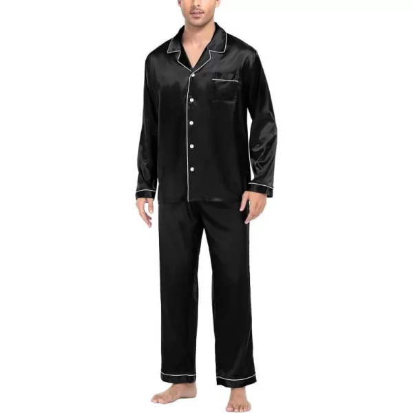 SWOMOG Mens Silk Satin Pajamas Long Sleeve Loungewear Twopiece Sleepwear ButtonDown Pj SetBlack