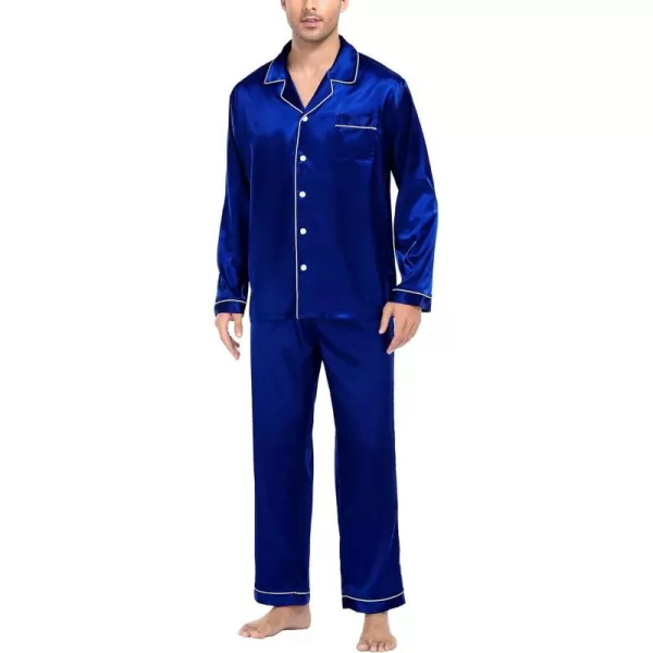 SWOMOG Mens Silk Satin Pajamas Long Sleeve Loungewear Twopiece Sleepwear ButtonDown Pj SetBlue