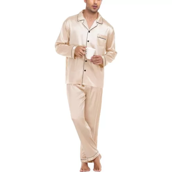 SWOMOG Mens Silk Satin Pajamas Long Sleeve Loungewear Twopiece Sleepwear ButtonDown Pj SetChampagne