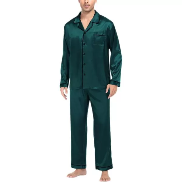 SWOMOG Mens Silk Satin Pajamas Long Sleeve Loungewear Twopiece Sleepwear ButtonDown Pj SetDeep Green