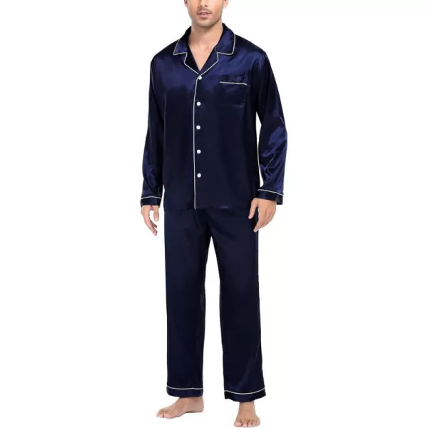 SWOMOG Mens Silk Satin Pajamas Long Sleeve Loungewear Twopiece Sleepwear ButtonDown Pj SetDeep Navy Blue