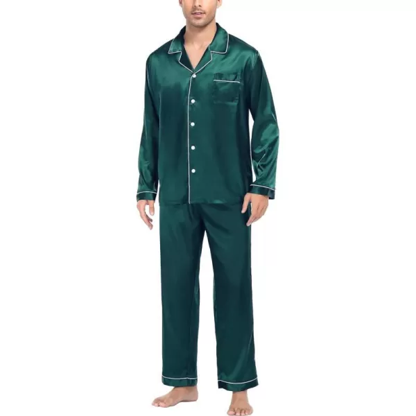 SWOMOG Mens Silk Satin Pajamas Long Sleeve Loungewear Twopiece Sleepwear ButtonDown Pj SetGreen