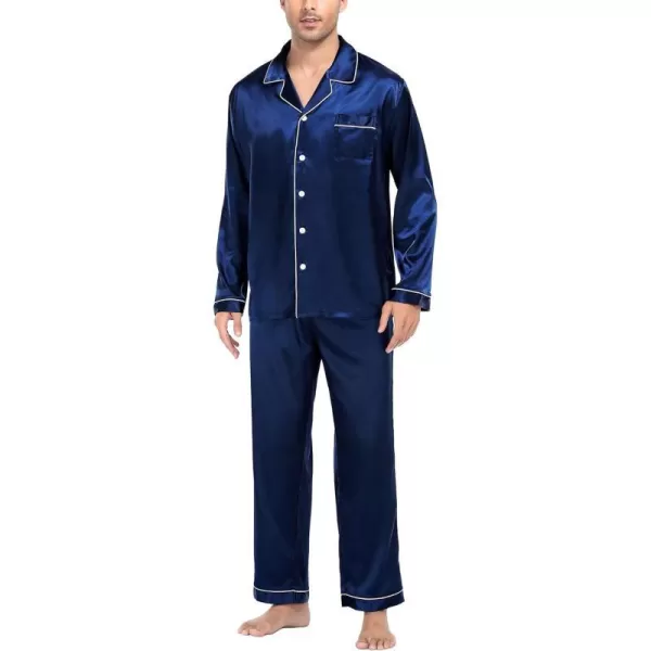 SWOMOG Mens Silk Satin Pajamas Long Sleeve Loungewear Twopiece Sleepwear ButtonDown Pj SetNavy Blue