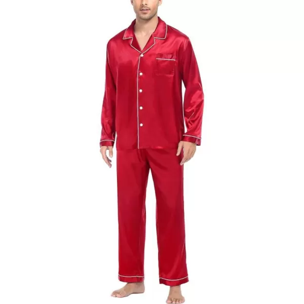 SWOMOG Mens Silk Satin Pajamas Long Sleeve Loungewear Twopiece Sleepwear ButtonDown Pj SetRed