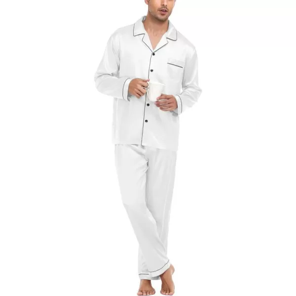 SWOMOG Mens Silk Satin Pajamas Long Sleeve Loungewear Twopiece Sleepwear ButtonDown Pj SetWhite