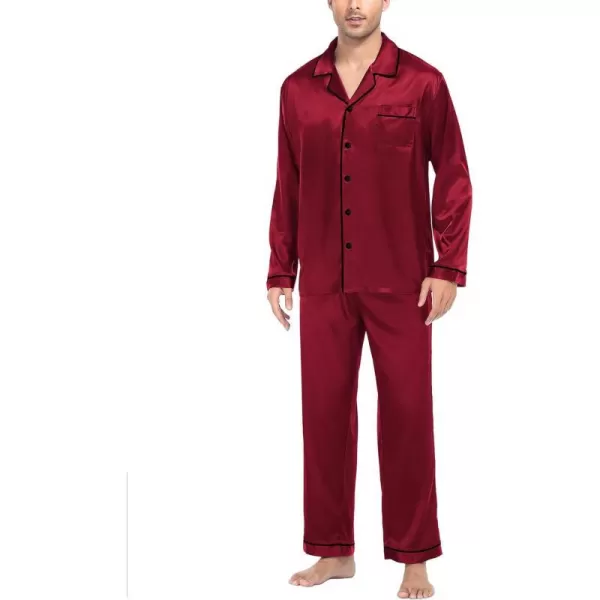 SWOMOG Mens Silk Satin Pajamas Long Sleeve Loungewear Twopiece Sleepwear ButtonDown Pj SetWine Red