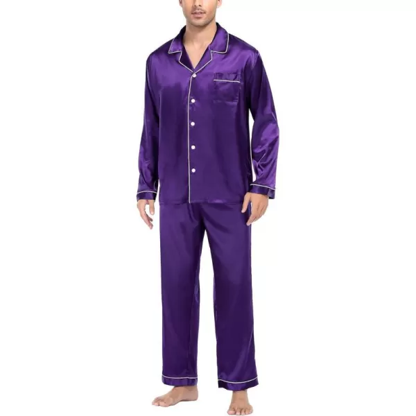 SWOMOG Mens Silk Satin Pajamas Long Sleeve Loungewear Twopiece Sleepwear ButtonDown Pj SetWineberry