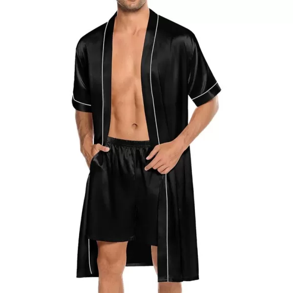 SWOMOG Mens Silk Satin Robe with Shorts Set 2PCS Short Sleeve Kimono Bathrobe Soft Sleepwear Pjs Sets with PocketsBlack