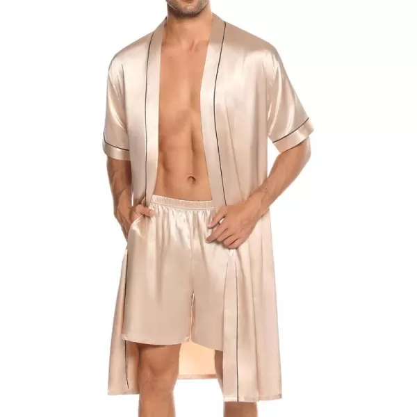 SWOMOG Mens Silk Satin Robe with Shorts Set 2PCS Short Sleeve Kimono Bathrobe Soft Sleepwear Pjs Sets with PocketsChampagne